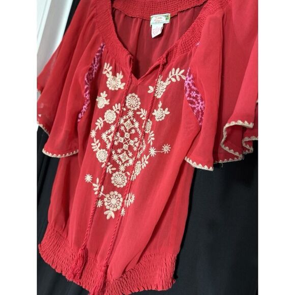 Flying Tomato Shirt Womens S Red Gold Embroidered Tasseled Blouse Boho Folk - Picture 2 of 6